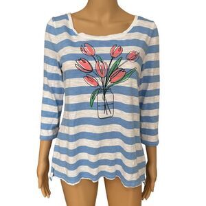Talbots Blue White Striped Floral Print Top 3/4 Sleeve Casual cotton blend Sz M